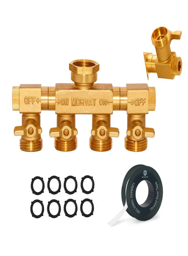 Morvat 4 Way Splitter with Rotating Arms, Heavy Duty Brass Garden Hose Manifold Connector with Comfort Rubber Grip ON/OFF, Adapter for Water Faucet Tap & Spigot, 8 Extra Washers & Teflon Tape - Image 1